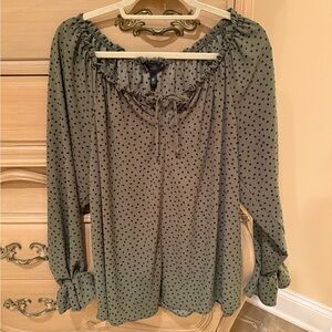 Aqua Olive Green Blouse with Black Polka Dots